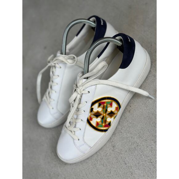 Tory Burch Women’s 9.5M Leather T Logo Platform Sneakers in White/Navy Multi - Picture 5 of 9